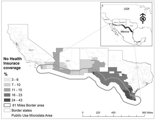 Population without health insurance coverage (% total). United States-Méxicoborder, 2015