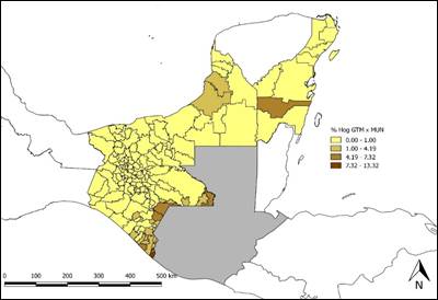 Porcentaje de hogares guatemaltecos en municipios de entidades de Frontera Sur de M&eacute;xico, 2015