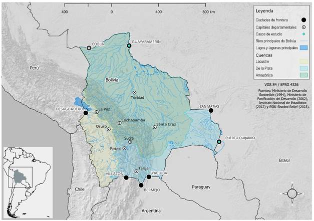 Mapa de ciudades de frontera y cuencas en Bolivia.