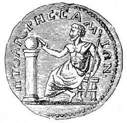 Drawing of an old Greek coin made under Emperor Decius, representing Pythagoras with a spherical world over a column