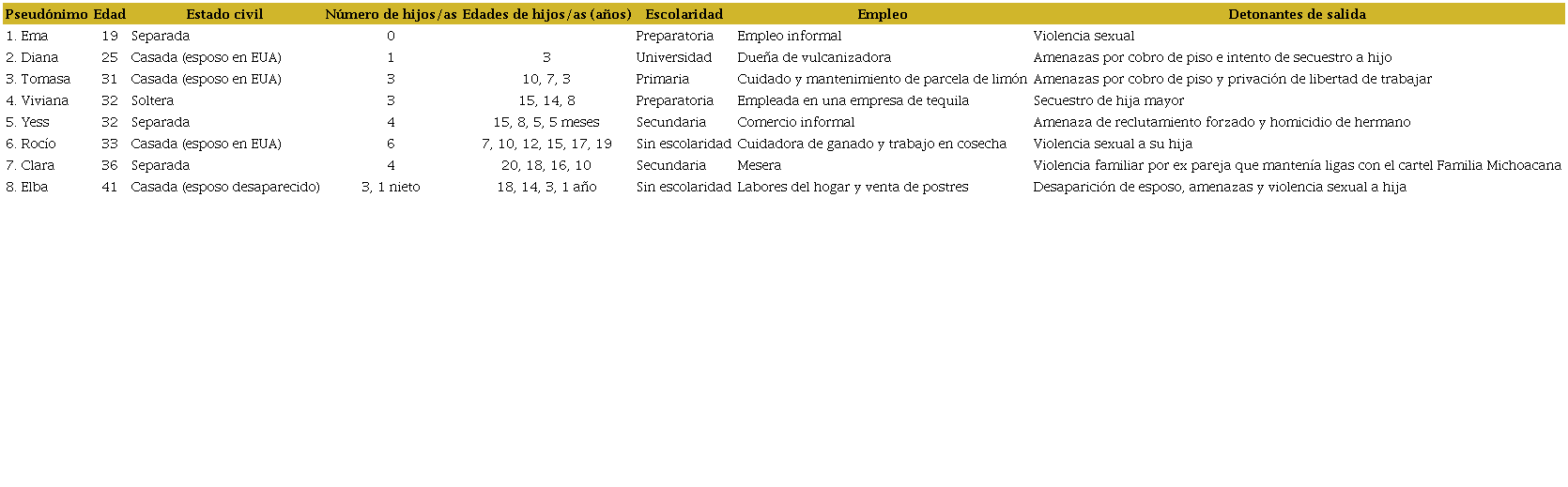 Perfiles sociodemogr�ficos y detonantes de la salida de las mujeres entrevistadas procedentes de Michoac�n (2022)