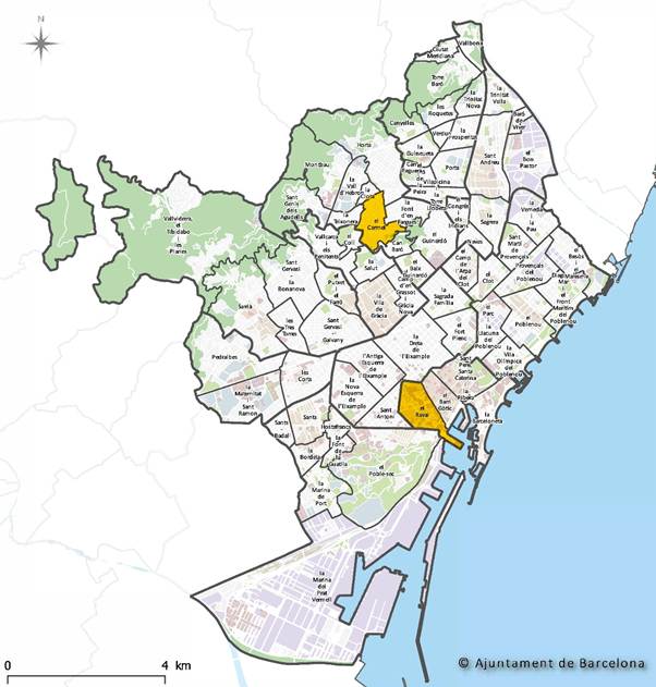 Barrios de Barcelona con la localizaci�n de los barrios de estudio, El Raval y El Carmel