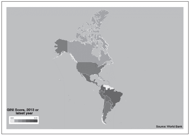 Inequality in America in 2013 using the GINI index (on income) as a measure of inequality for each country7