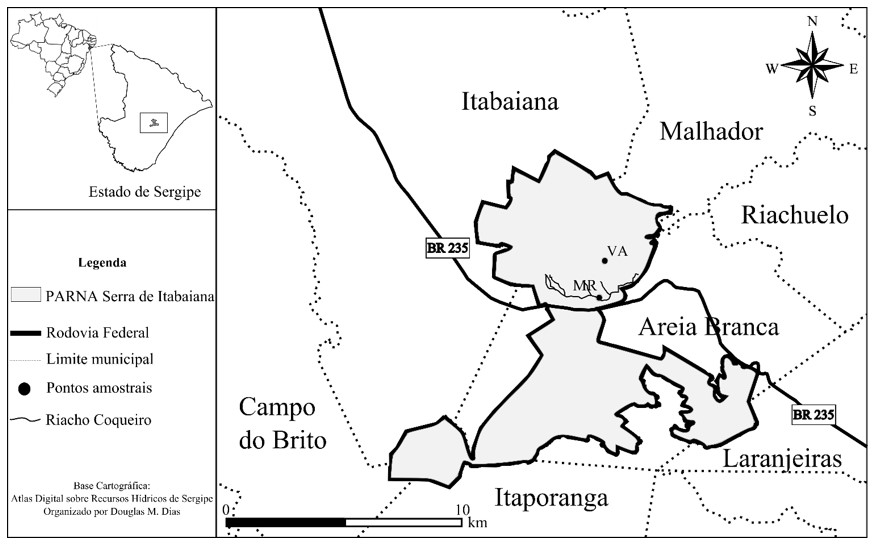 Serra de Itabaiana National Park. The points show the study sites; white-sand sensu strictu (VA) and de riparian forest (MR).