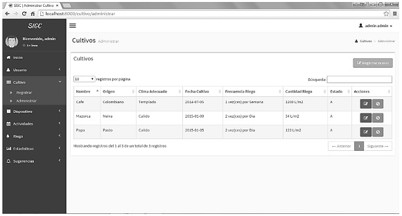Interfaz gráfica módulo web gestión de cultivos