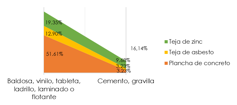 Distribucin porcentual por material predominante en paredes, pisos y techos