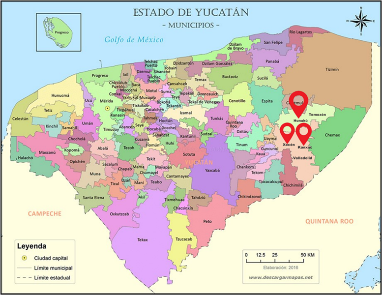 Mapa del estado de Yucatn con ubicacin de las comunidades estudiadas