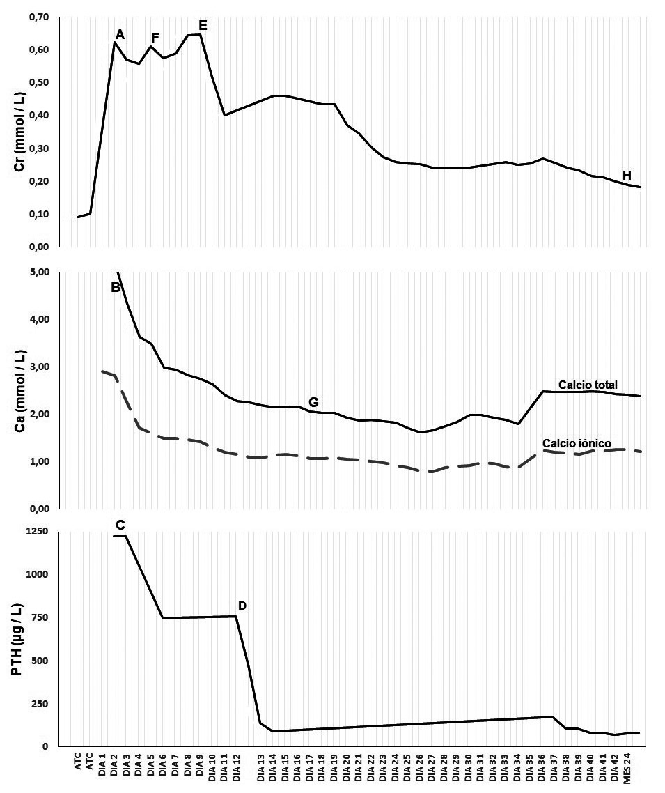 Figura 4. Orden secuencial de los cambios en los niveles de calcio (Ca), creatinina (Cr) y parathormona (PTH).