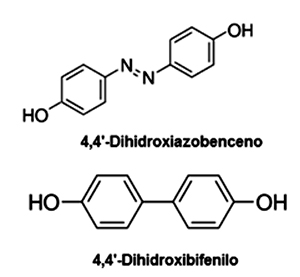 Estructuras químicas de 4,4’-dihidroxiazobenceno, 4,4’-dihidroxibifenilo, hidroquinona y fenol.