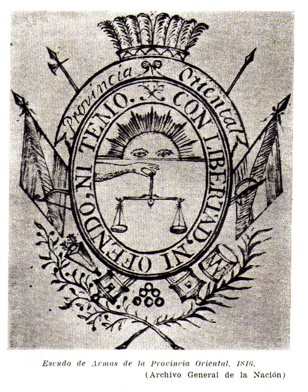 Escudo de la Provincia Oriental de 1816 con símbolo indígena (Flechas, arco y carcaj; abajo a la izquierda).