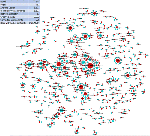 Global bipartite network of interactions
among patents and its assignees. The knots in blue are patents and their
holders are in red
