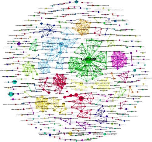 Collaboration network among patent assignees
for the sector of medicinal preparations containing products of plant origin
and their derivatives, and that had inventions deposited first in Brazil