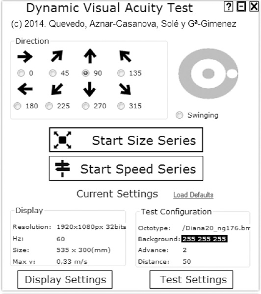 El DynVA es un software informático para evaluar la DVA. En este test
							el investigador puede seleccionar el optotipo que será presentado y
							elegir entre dos tipos de prueba: (a) Series de Tamaño; (b) Series de
							Velocidad. En las Series de Tamaño, el tamaño del optotipo permanece
							constante, mientras que su velocidad disminuye conforme éste se desplaza
							por la pantalla. Contrariamente, en las Series de Velocidad la velocidad
							del optotipo permanece constante, mientras que su tamaño aumenta
							progresivamente conforme éste se desplaza por la pantalla. En ambas
							series el ensayo finaliza cuando el sujeto presiona la flecha que
							coincide con la posición del ‘gap’ del optotipo.