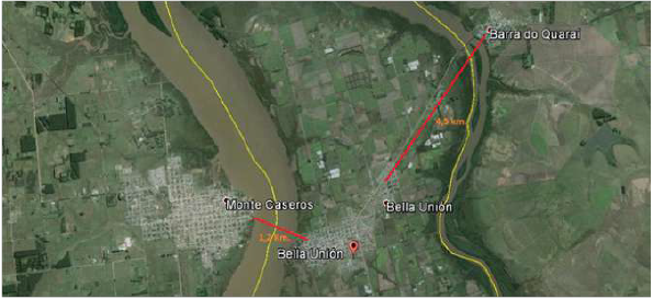 Distancias
en l&iacute;nea recta entre las ciudades Monte Caeros-Bella Uni&oacute;n- Barra do Quara&iacute;