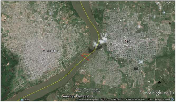 Distancias
en l&iacute;nea recta entre las ciudades Concordia y Salto