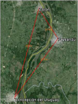 Distancias en l&iacute;nea recta entre las ciudades Concepci&oacute;n del Uruguay-
Col&oacute;n-Paysand&uacute;