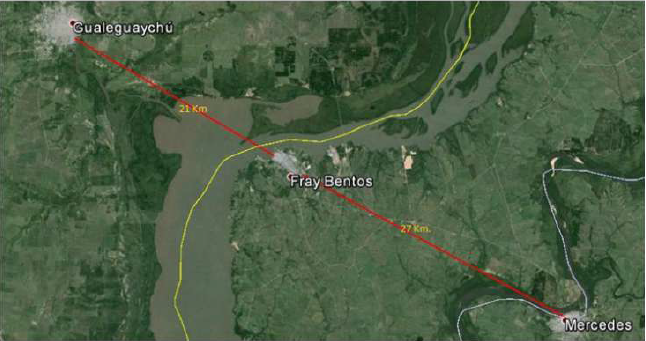  Distancias
en l&iacute;nea recta entre las ciudades Gualeguaych&uacute;-Fray Bentos- Mercedes