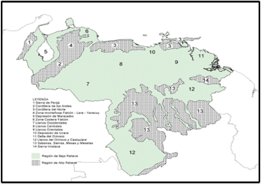 Mapa Regiones Fisiográficas de Venezuela. Ubicación y extensión de
la Cordillera de Mérida y Sierra de Perijá en Venezuela