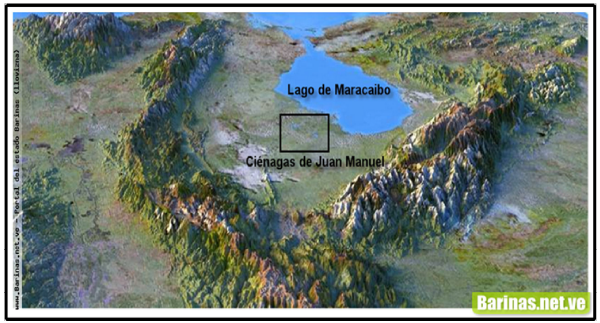 Vista Satelital en 3D de la ubicación y extensión de la Cordillera de Mérida (a la derecha)y Sierra de Perijá (a la izquierda) en Venezuela. Al centro la Depresión y el Lago de Maracaibo.
