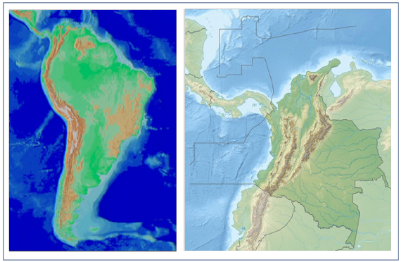 Extensión de los Andes Suramericanos. Se destaca la posición que ocupan en
Colombia y Venezuela, donde es posible reconocer el “Nudo de Pamplona,” lugar
donde se bifurca el bloque orográfico que penetra territorio nacional venezolano