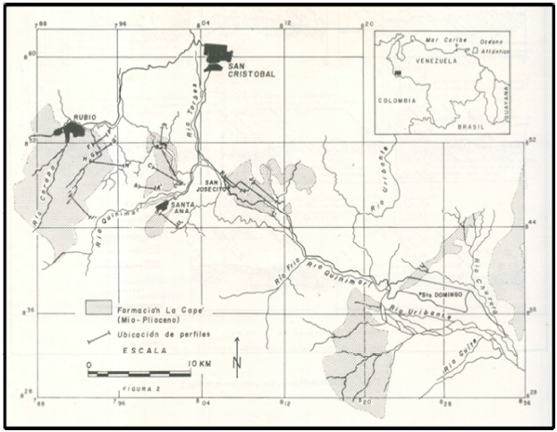 Mapa de afloramientos
de la Formación La Copé en la Depresión del Táchira y
ubicación de perfiles Geológicos