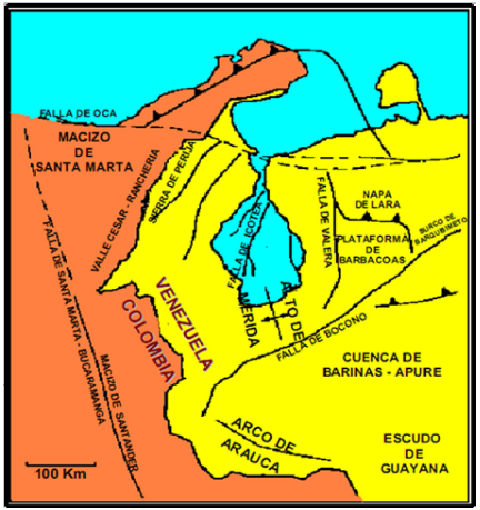 Mapa ubicación y extensión de la Falla de Boconó en el occidente de Venezuela. Destaca la
proximidad y orientación de la Falla de Santa Marta – Bucaramanga en el oriente colombiano