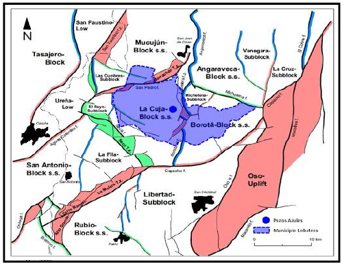 Dirección
principal de los desplazamientos de las estructuras tectónicas en el Suroeste de los Andes Venezolanos. Notese la Depresión de Táchira (Bloque Rubio – Rubio Block s.s.)