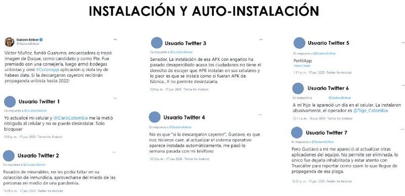 Pantallazos seleccionados en Twitter Colombia sobre los procesos de instalaci&oacute;n y autoinstalaci&oacute;n de CoronApp