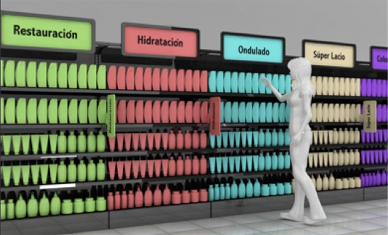 Render ilustrativo de un pasillo con anaqueles y producto de una tienda de autoservicio