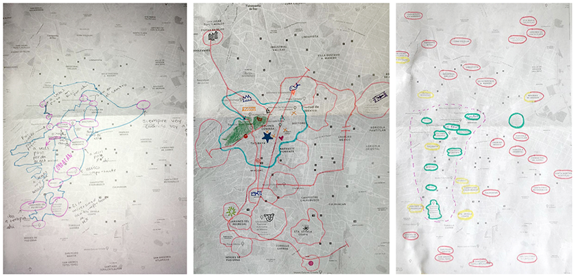 Mapa de la Ciudad de Mxico marcado con lugares significativos por algunas de las participantes de Caminar desde casa