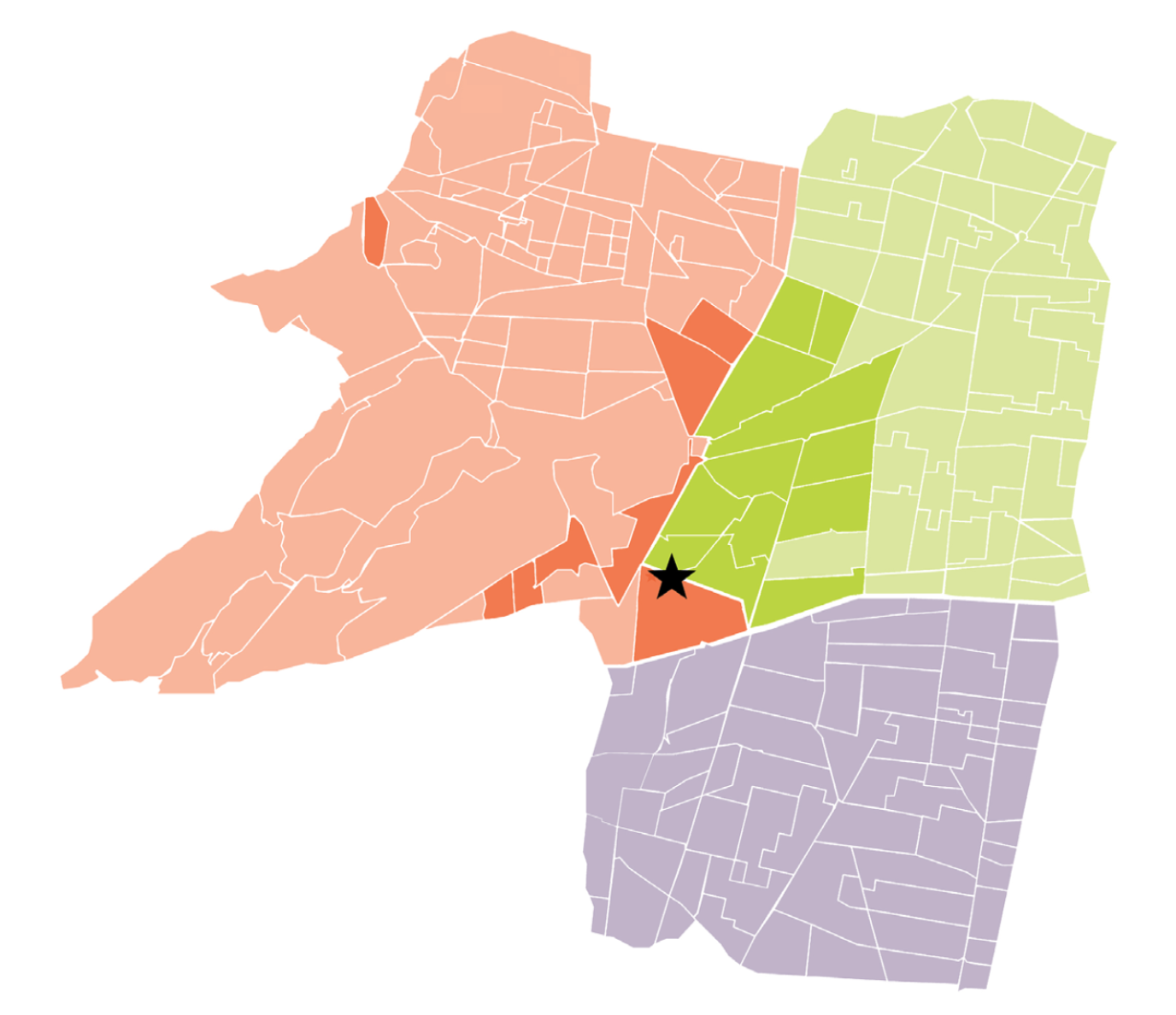 Mapa de colonias de las delegaciones Miguel Hidalgo, Cuauhtmoc y Benito Jurez. En obscuro estn marcadas las colonias en las que habitan las familias de este estudio. La estrella negra marca la ubicacin del Instituto