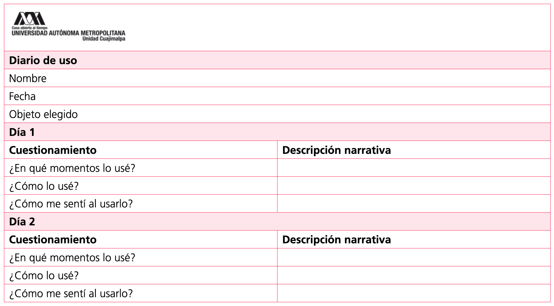 Tabla gua que integr el formato del diario de uso proporcionado a los alumnos para el desarrollo del ejercicio