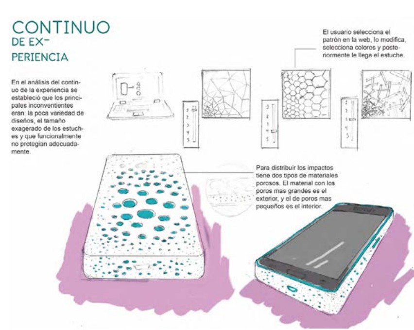 Conceptos para el estuche obtenidos de la herramienta del continuo de la experiencia, basados en la poca variedad de formas del estuche y que funcionalmente no protegan adecuadamente el celular.El uso de dos materiales porosos facilita la absorcin de impactos. El usuario puede seleccionar en la web el patrn deseado, modificndolo en su geometra y colores.