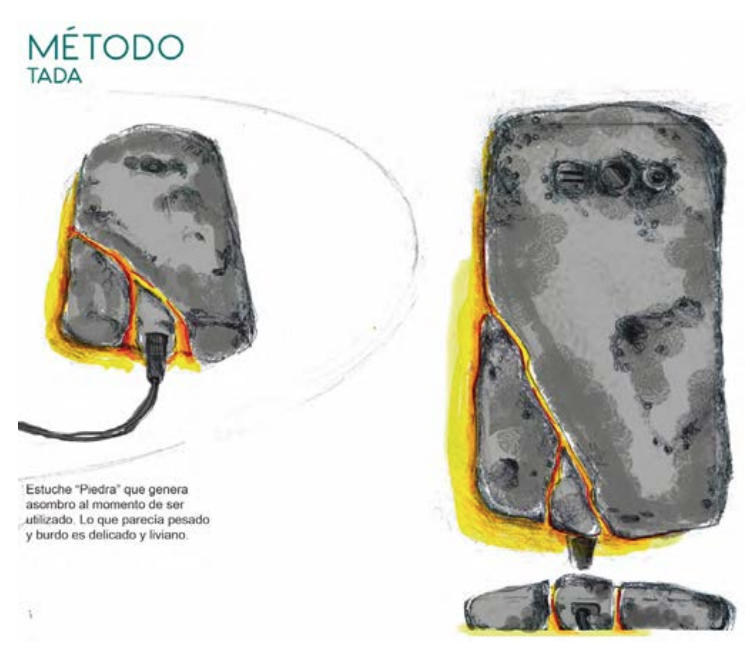 Aplicacin del mtodo Ta-Da. Boceto del estuche de celular “Piedra” parece burdo y pesado al ser visto desde lejos. Sin embargo, al ser utilizado se revela como suave y liviano.