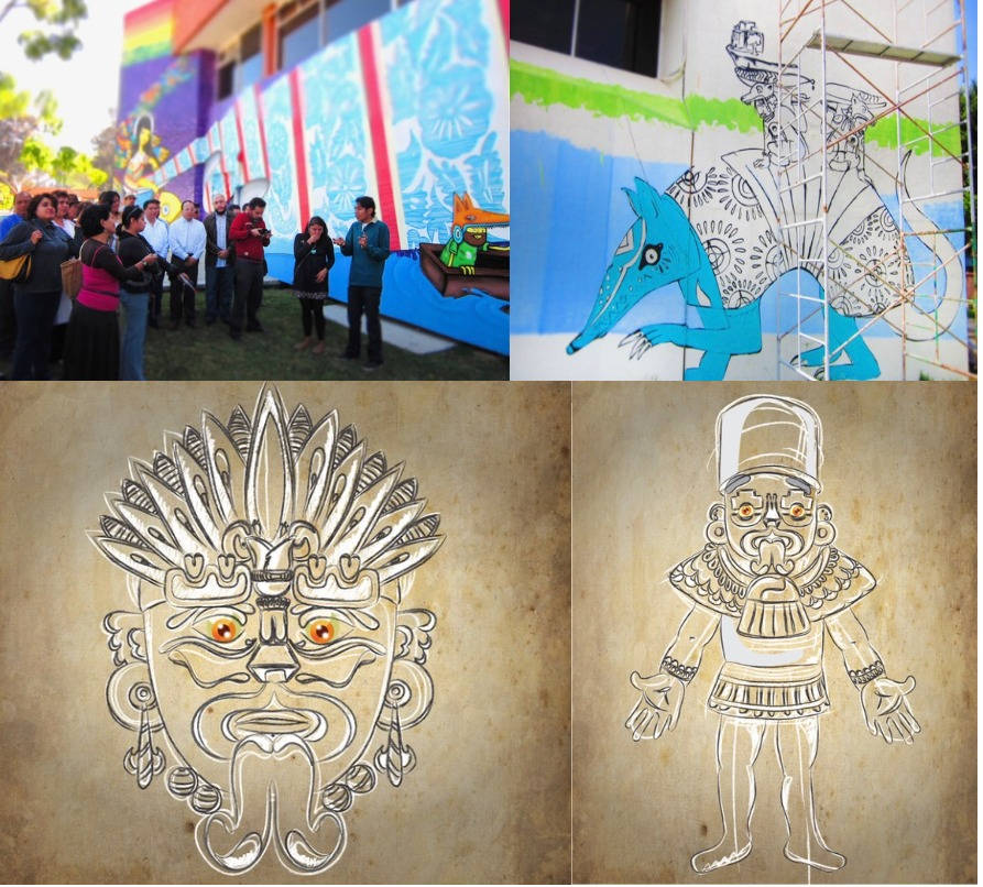 Artistas urbanos ganadores del concurso del mural cultural; y bocetos digitales de algunos personajes de la narrativa para este anteproyecto.