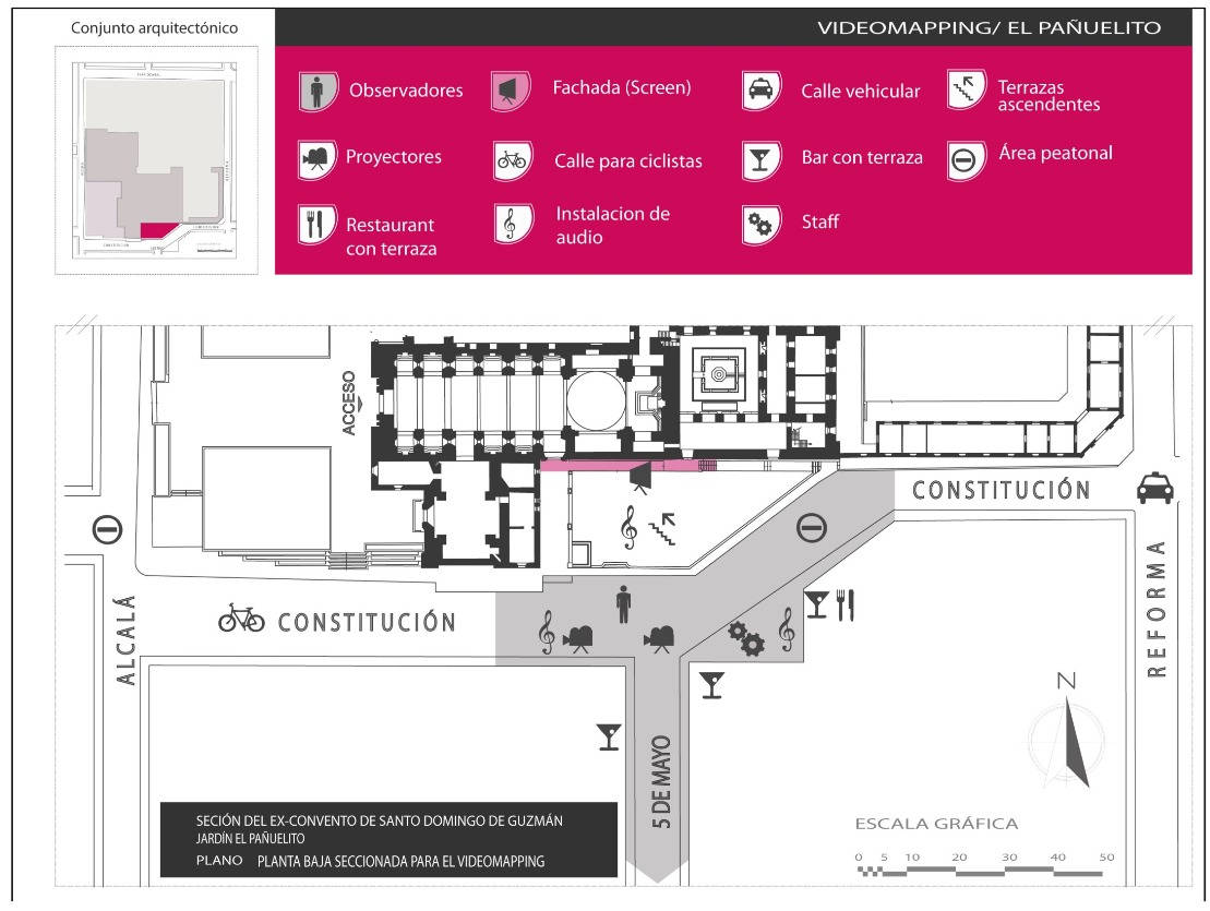 Planta de la propuesta grfica espacial para videomapping en la plazuela El Pauelito. Seccin lateral del Exconvento de Santo Domingo, calle Constitucin; Oaxaca, Mxico.