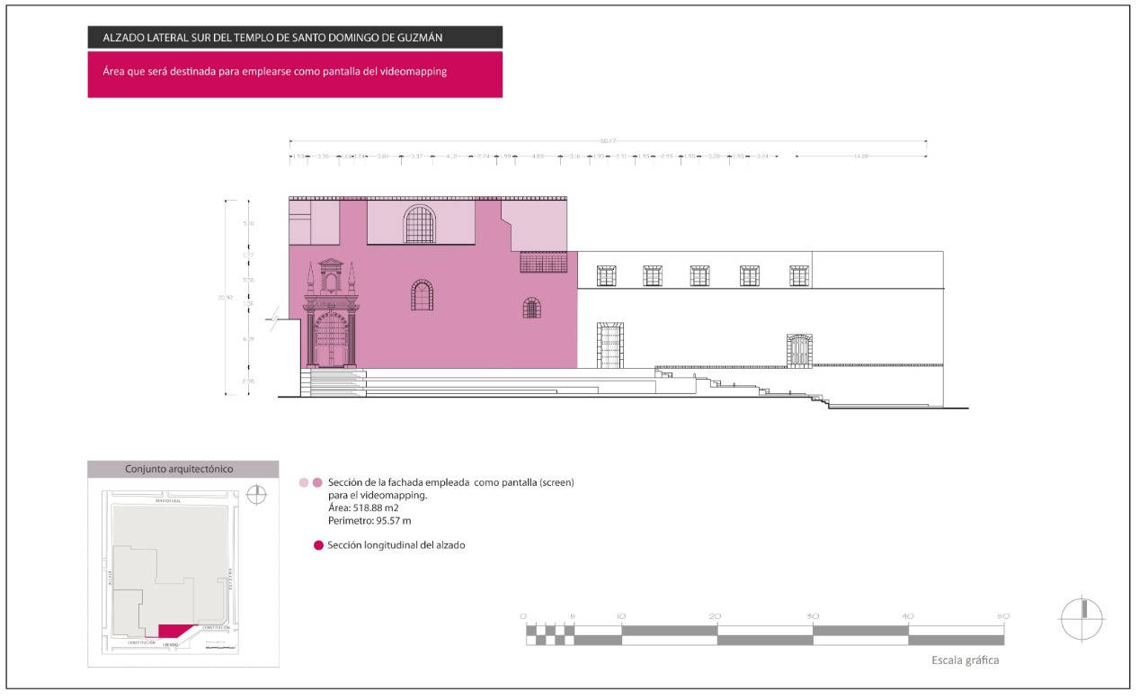Anlisis grfico en alzado. Fachada lateral sur del Exconvento de Santo Domingo de Guzmn; Oaxaca, Mx.