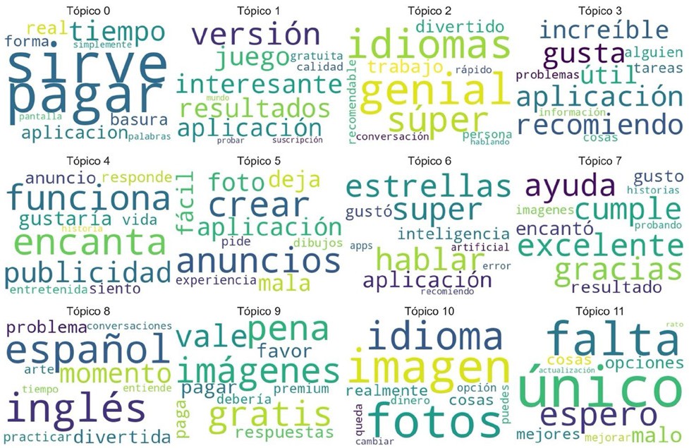 Nube de palabras de los tpicos resultantes del mtodo LDA.