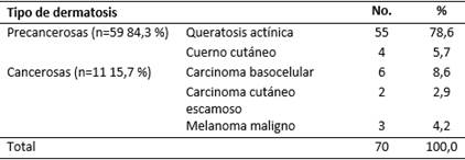 Ancianos según tipo de dermatosis precancerosas y cancerosas