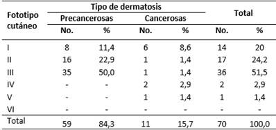 Ancianos según tipo de dermatosis y fototipo cutáneo
