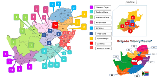 Distribución de colaboradores de la Brigada Médica Cubana “Henry Reeve” por provincias y distritos de ubicación en Sudáfrica.