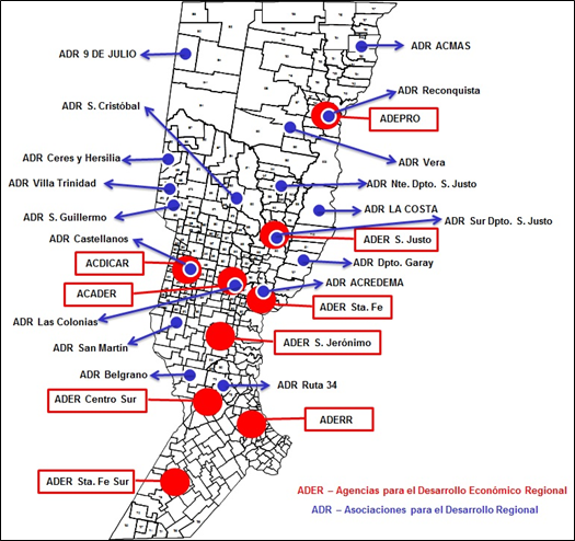 Ubicaci�n de las Asociaciones (Provincia) para el Desarrollo Regional de Santa Fe y de las Agencias (Naci�n) de Desarrollo Econ�mico Regional