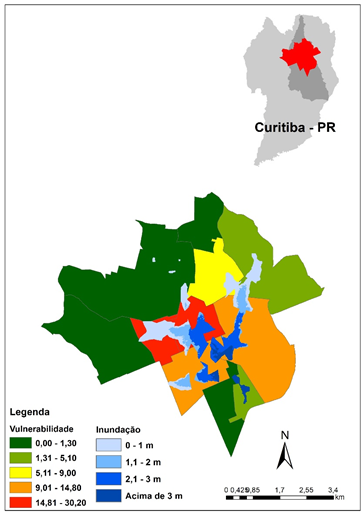 UDH atingidas pelas manchas de inundação simuladas, com valores de IVA