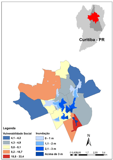 UDH atingidas pelas manchas de inundação, com valores do IVS