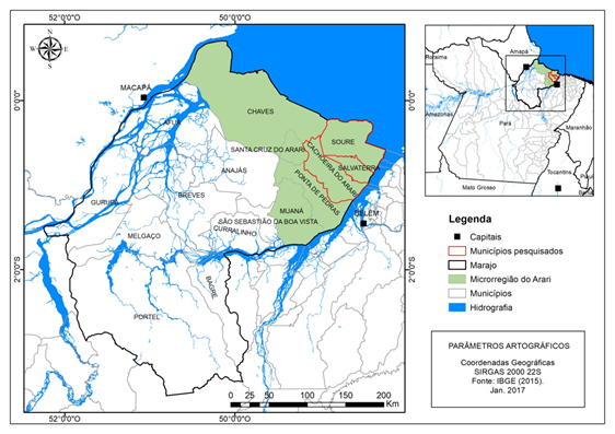 Mapa da Mesorregião do Marajó, suas microrregiões e local da pesquisa