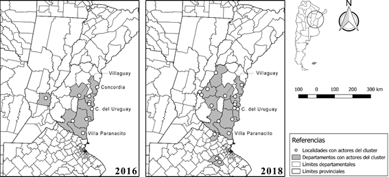 CL del Pecn: localizacin de los socios, segn localidad y departamentos involucrados (2016 y 2018)