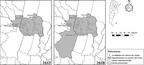 CL Lechero Regional: localizacin de los socios, segn localidad y departamentos involucrados (2013 y 2018)