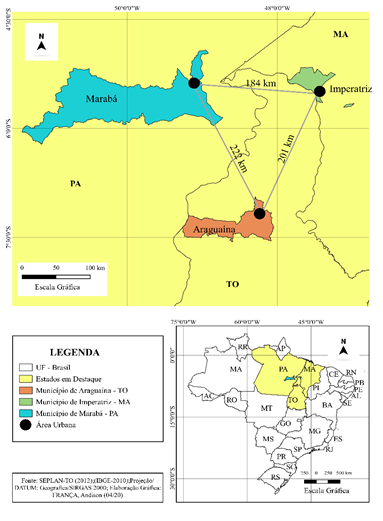 Localizao e distncias entre Araguana, Imperatriz e Marab