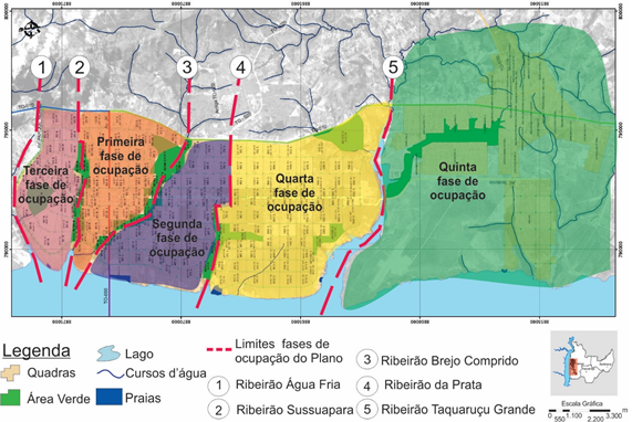 As fases previstas para a ocupa��o de Palmas - TO em seu Projeto Urban�stico e Macroparcelamento de Palmas - TO. As fases eram definidas pelo s�tio urbano de modo que os c�rregos configuravam os limites
