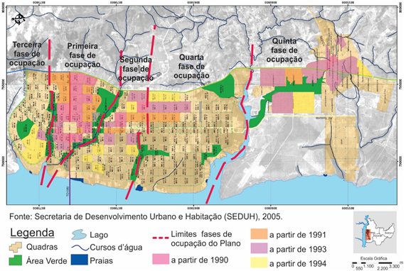 Mapa de Ocupa��o das Quadras que demonstra que as quadras foram microparceladas e tiveram seu in�cio de ocupa��o sem respeitar as fases de ocupa��o previstas no Projeto Urban�stico